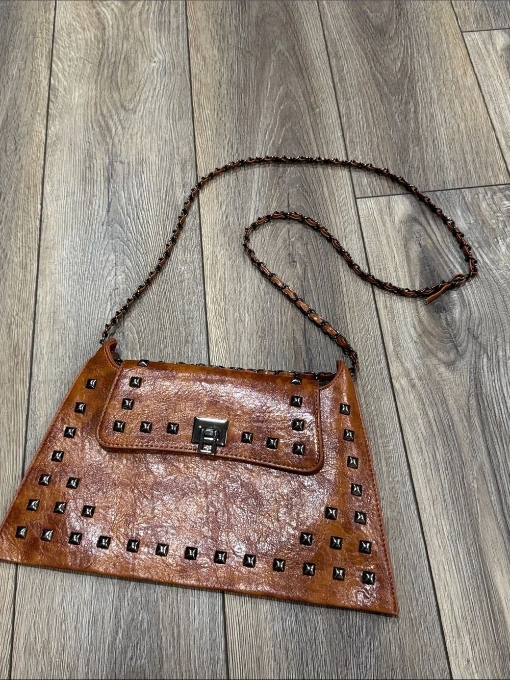 Festival Studded Cognac Brown Vegan Leather Crossbody Shoulder Bag Crossbody